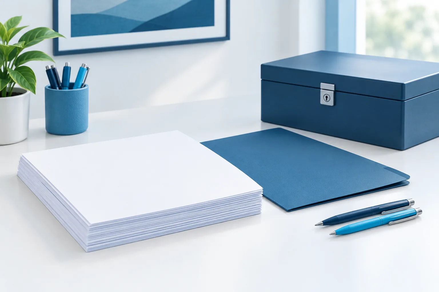 Blank forms, a folder, pens, and a closed storage box on a clinic desk.