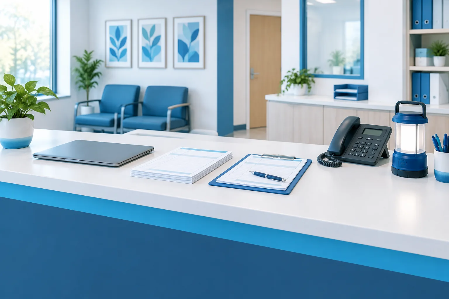 Clinic reception desk with blank forms, a closed laptop, phone, and lantern arranged for an outage.