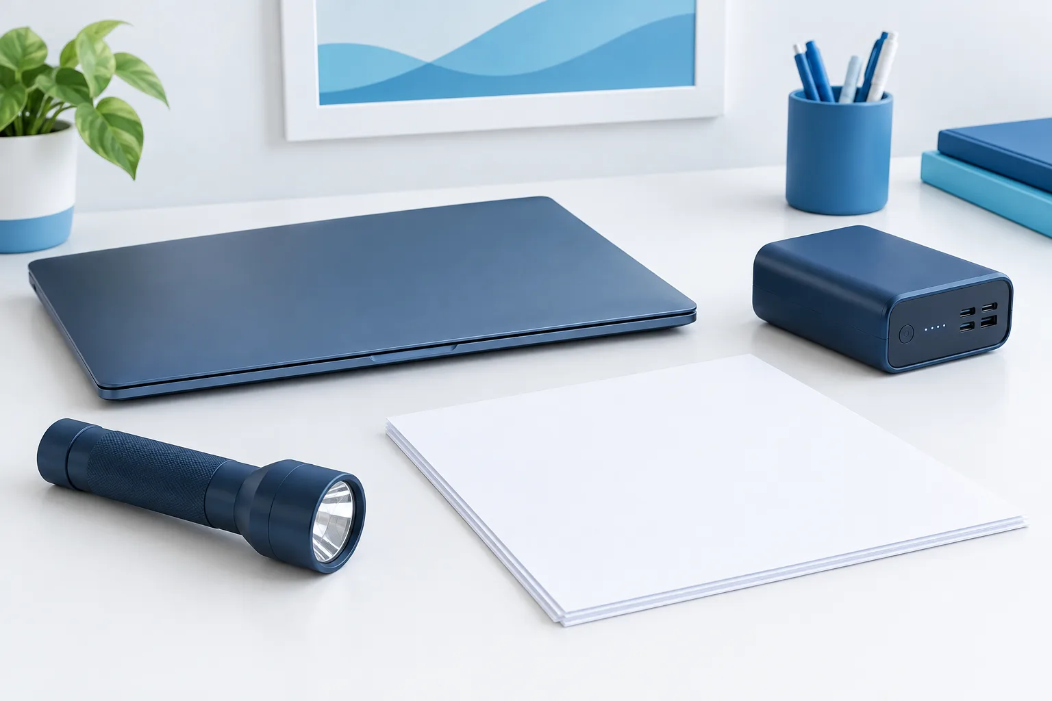 A closed laptop, blank forms, flashlight, and battery backup arranged on a medical office desk.