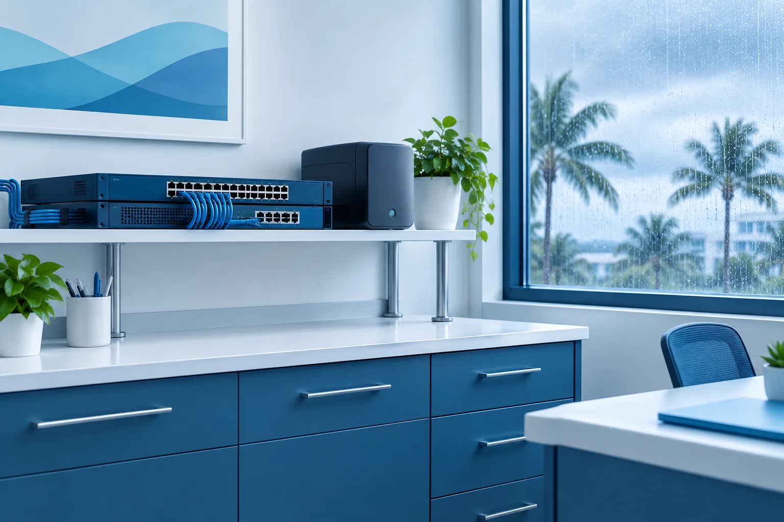 Organized medical office networking equipment and a battery backup on a raised shelf near a rain-streaked window.